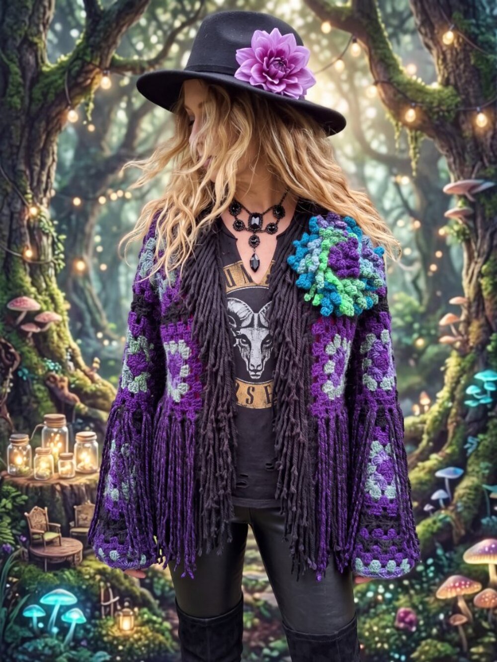 Boho Purple Green Black Granny Square Crazy Fringe Sweater L/XL